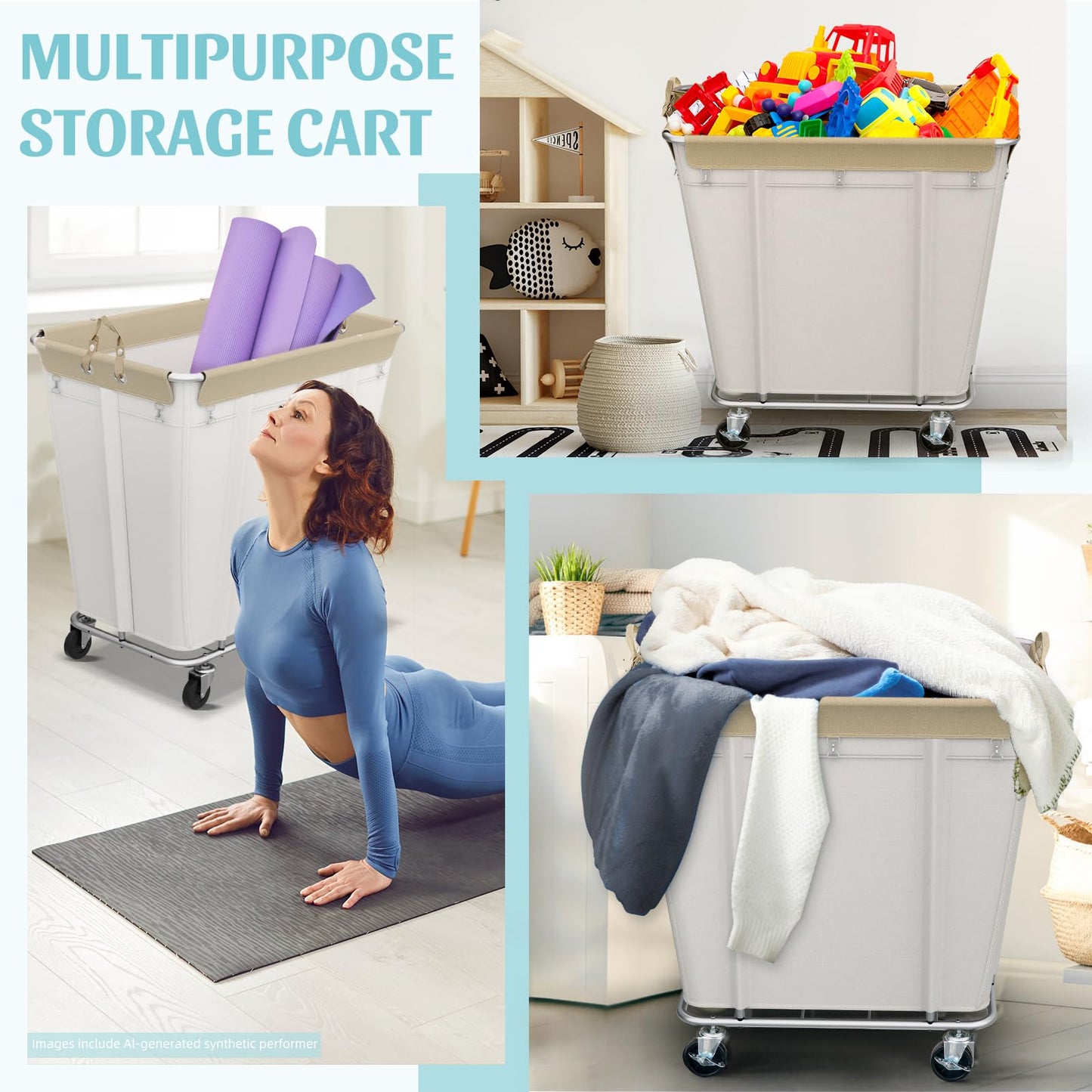 PLKOW Laundry Cart with Wheels 320L Large Rolling Laundry Cart for Commercial/Home, Rolling Laundry Basket with Steel Frame and Waterproof Lining, 9 Bushel, 32.3L x 19.7W x 30.7H Inch, Beige