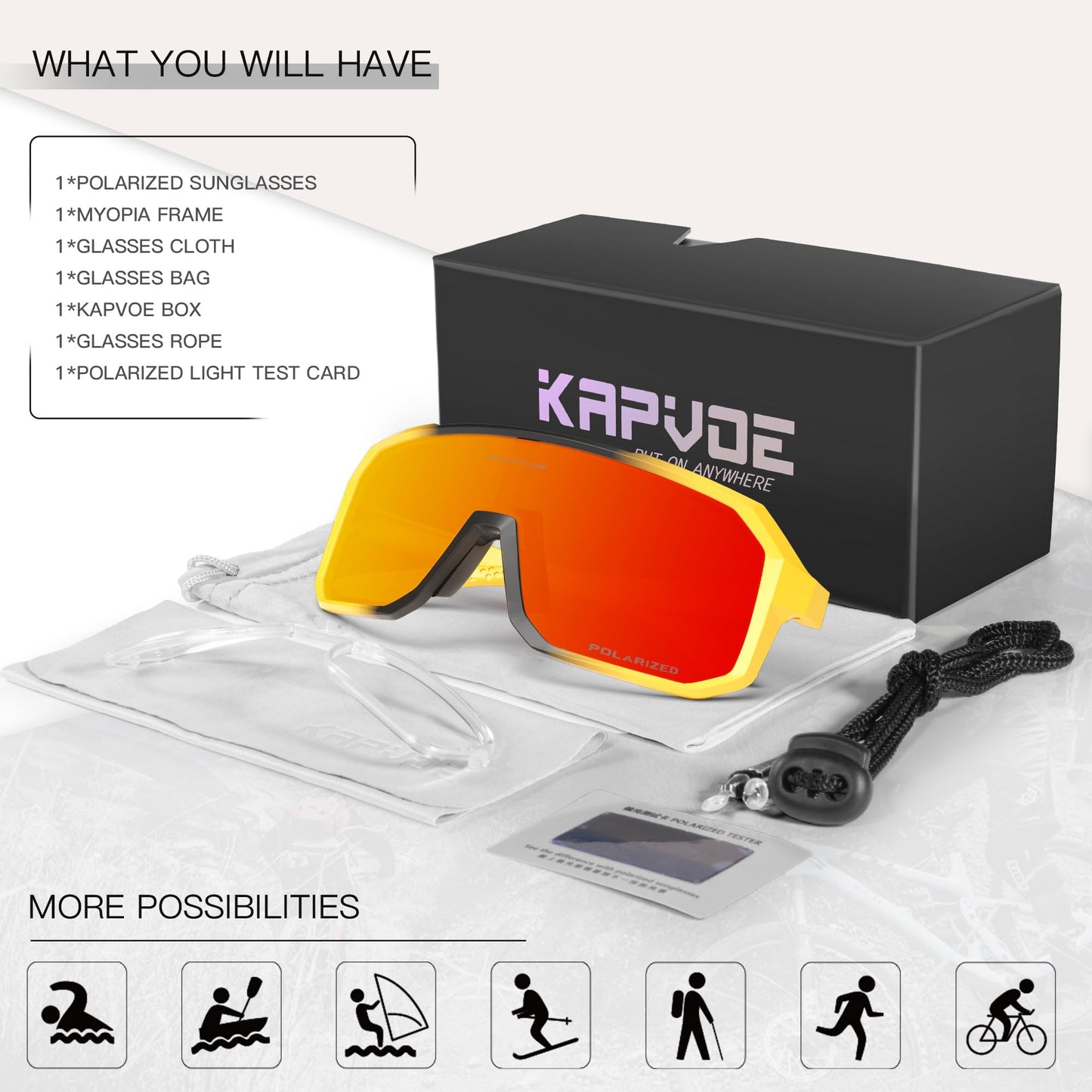 KAPVOE Polarized Cycling Glasses Sports Sunglasses, UV400 Running Fishing Baseball Glasses for Men Women K62