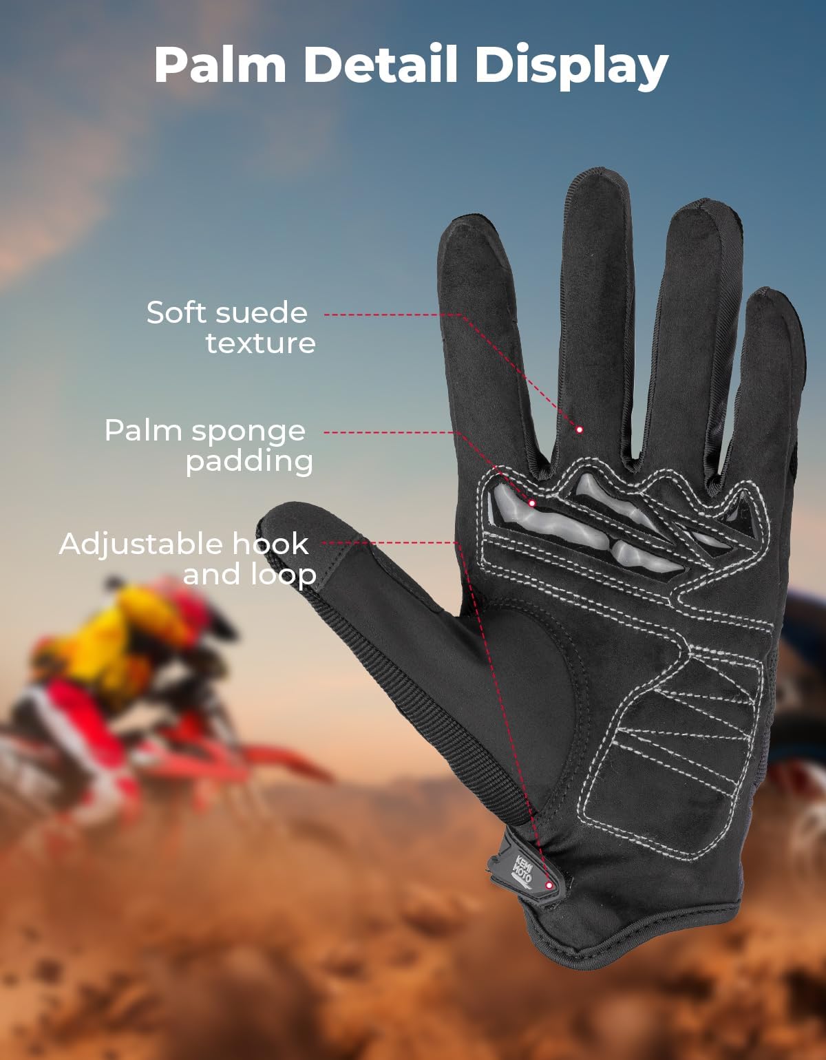 KEMIMOTO Dirt Bike Motorcycle Gloves for Men Women, Touchscreen with Silicone Protective for Outdoor Sports On-Road Off-Road Gloves Motorcross Motorbike Mountain Bicycle Racing ATV UTV