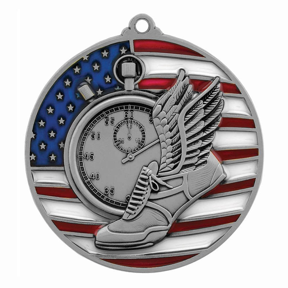 Decade Awards Track & Field Medal, Patriotic - Silver - 2.75 Inch Wide Second Medal with Stars and Stripes Neck Ribbon