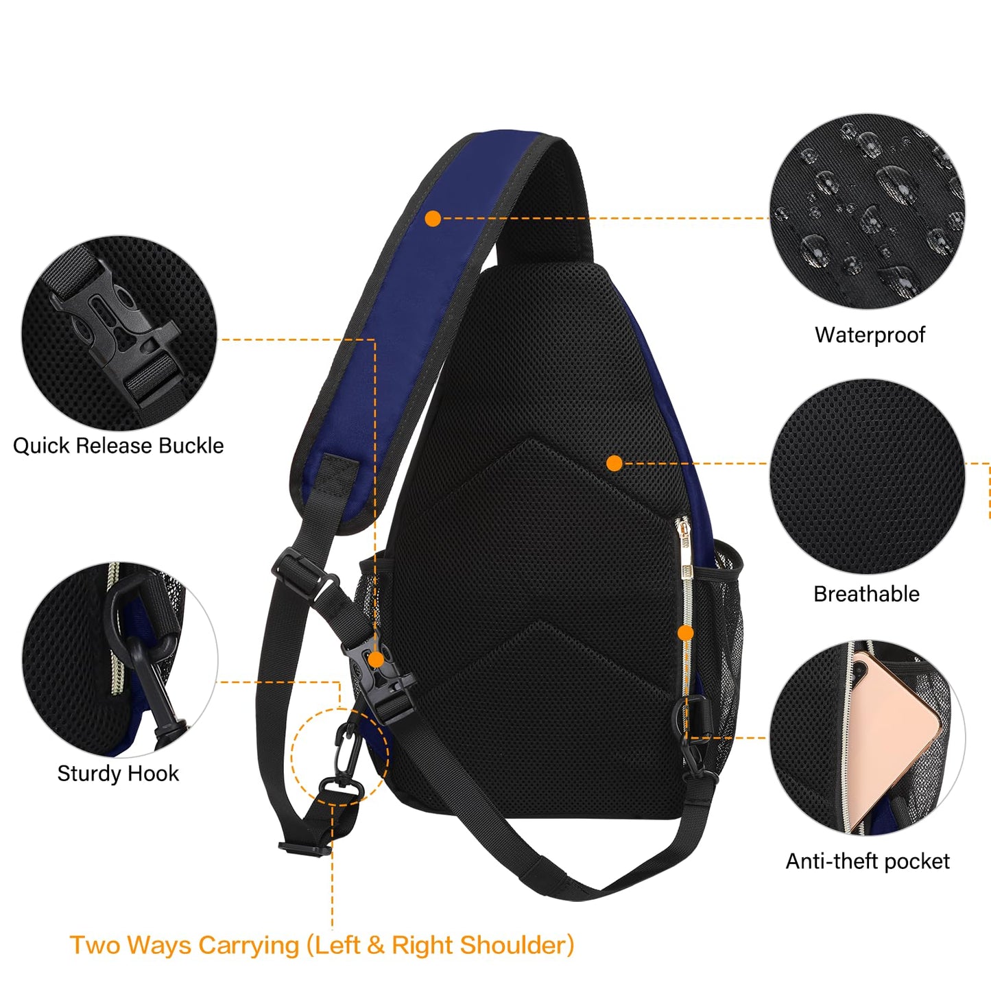 MOSISO Sling Backpack Small Hiking Daypack, Quilted Crossbody Sling Bag with Removable Strap One Shoulder Chest Bag, Navy Blue