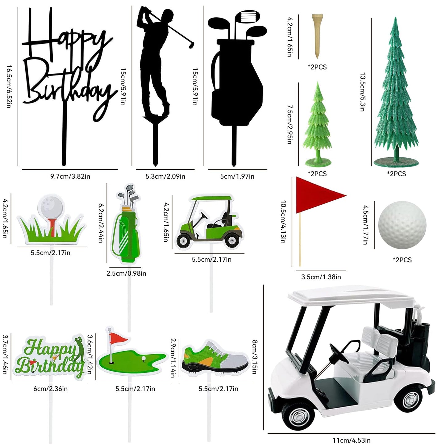 2026 New Golf Cake Decorations with Mini Cart, Clubs, Ball, Green Tree, Red Flag Cupcake Toppers, for Golf Theme Birthday Party Decoration Supplies