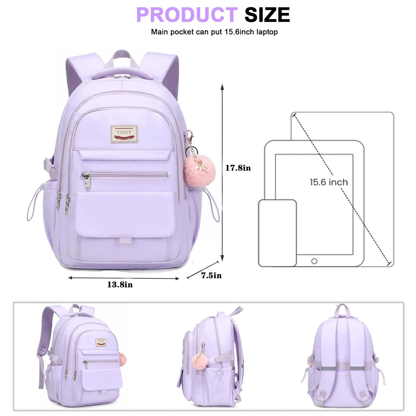 YOJOY Laptop Backpack 15.6 Inch College Backpacks for Women, School Backpack for Girls,Students Aesthetic Anti Theft Travel Daypack Large Bookbags Middle High School Back Pack(Purple)