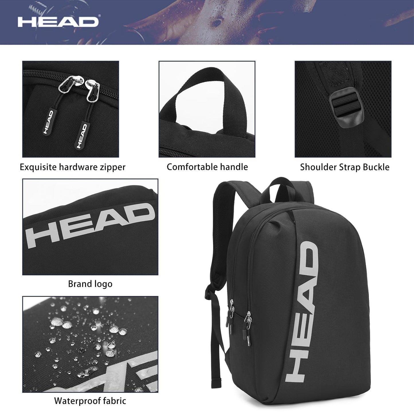 HEAD Waterproof Sports Gym Backpack for Women & Men, Large Casual Daypack Travel Backpacks for College/Weekender Overnight/Work/Fitness, 15.6 inch Laptop Backpack Lightweight Computer Bag Notebook Bag