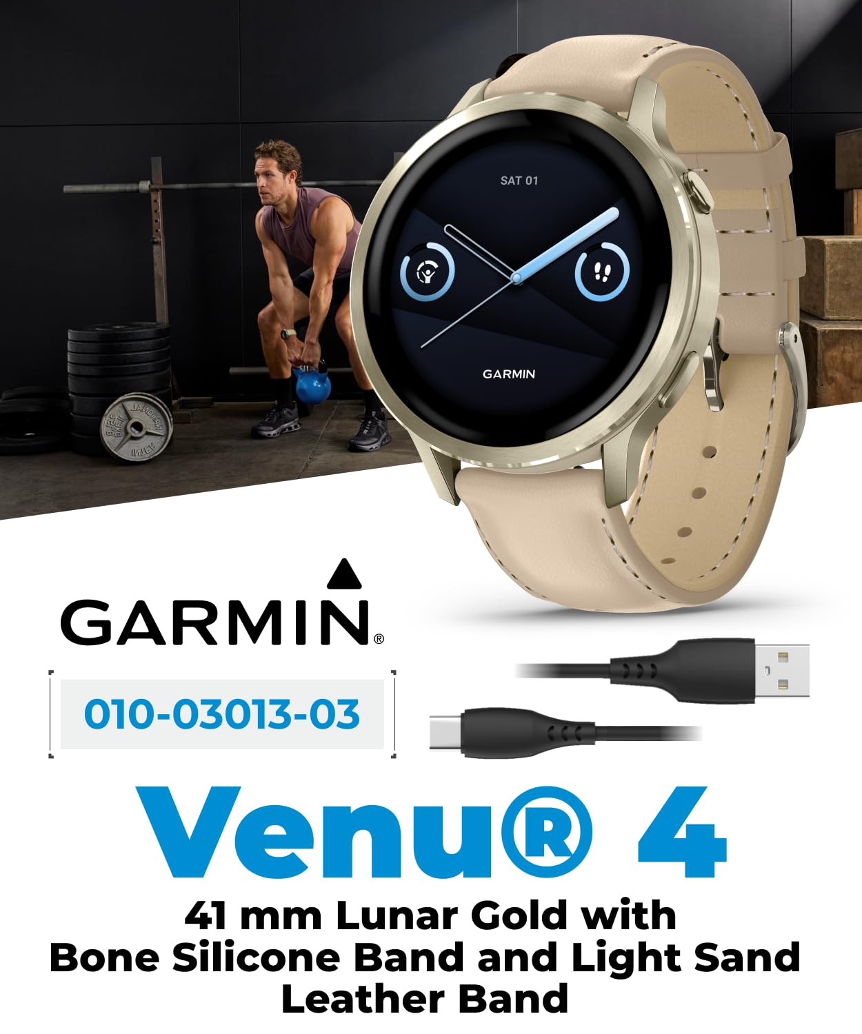 Garmin Venu 4 41mm AMOLED Advanced Health & Fitness GPS Smartwatch, Bright & Colorful Display, Built-in Flashlight, Up to 10 Days, Lunar Gold w/Bone Silicone Band w/Wearable4U Black Earbuds Bundle