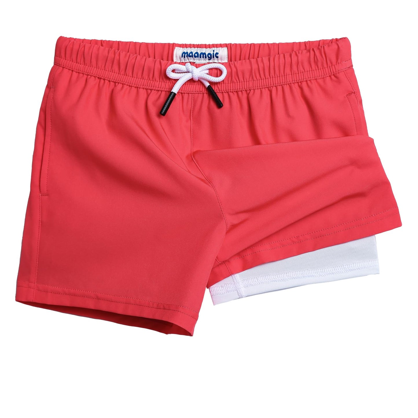 maamgic Boys Swim Trunks with Compression Liner 4-Way Stretch Quick Dry Swim Shorts Toddler Boy Hot Coral White 2T