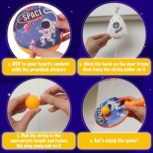Soulchen Door Table Tennis Game Hanging Table Tennis Trainer Set, Includes Two Rackets with Space Themed Sticks, 4 Balls, a String Puller, and a Hook for Beginners