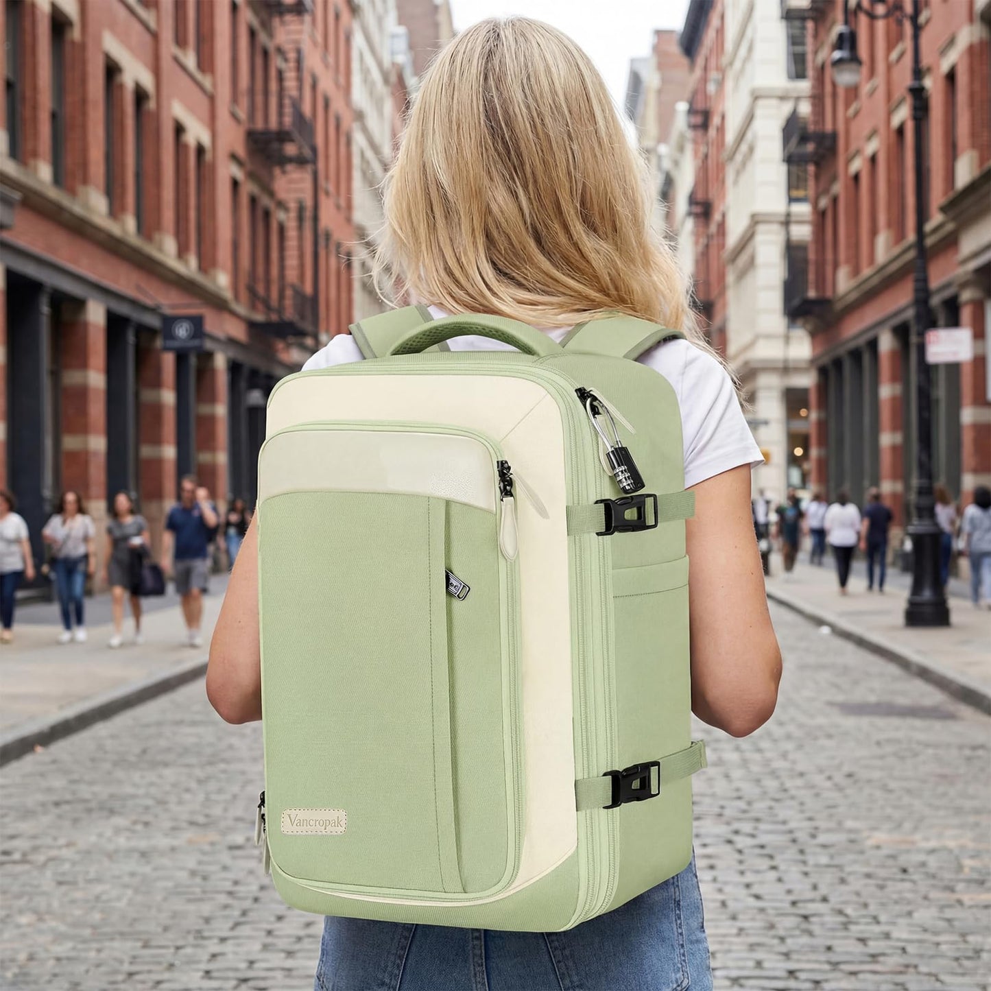 Vancropak Carry on Backpack for Women, Large Expandable Travel Backpack Fits 17.3" Laptop, Airplane Approved Suitcase Bag with Shoe Compartment, Lightweight Anti Theft Weekender Bag for Travel, Green