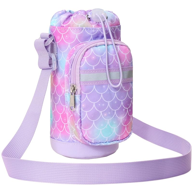 Water Bottle Holder for Kids - Adjustable Strap Carrier with Mermaid Purple Variation