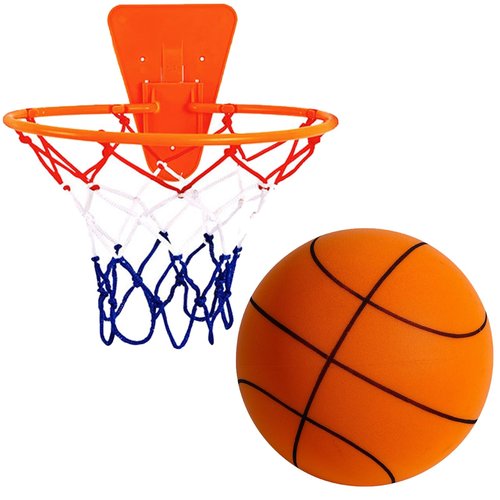 Silent Basketball and Hoop Set, Silent Basketball Dribbling No Noise with Wall Mount Basketball Hoop, Quiet Ball Professional Indoor Basketballs Frame for Home Use (Orange Set, L:9.5IN/24CM)