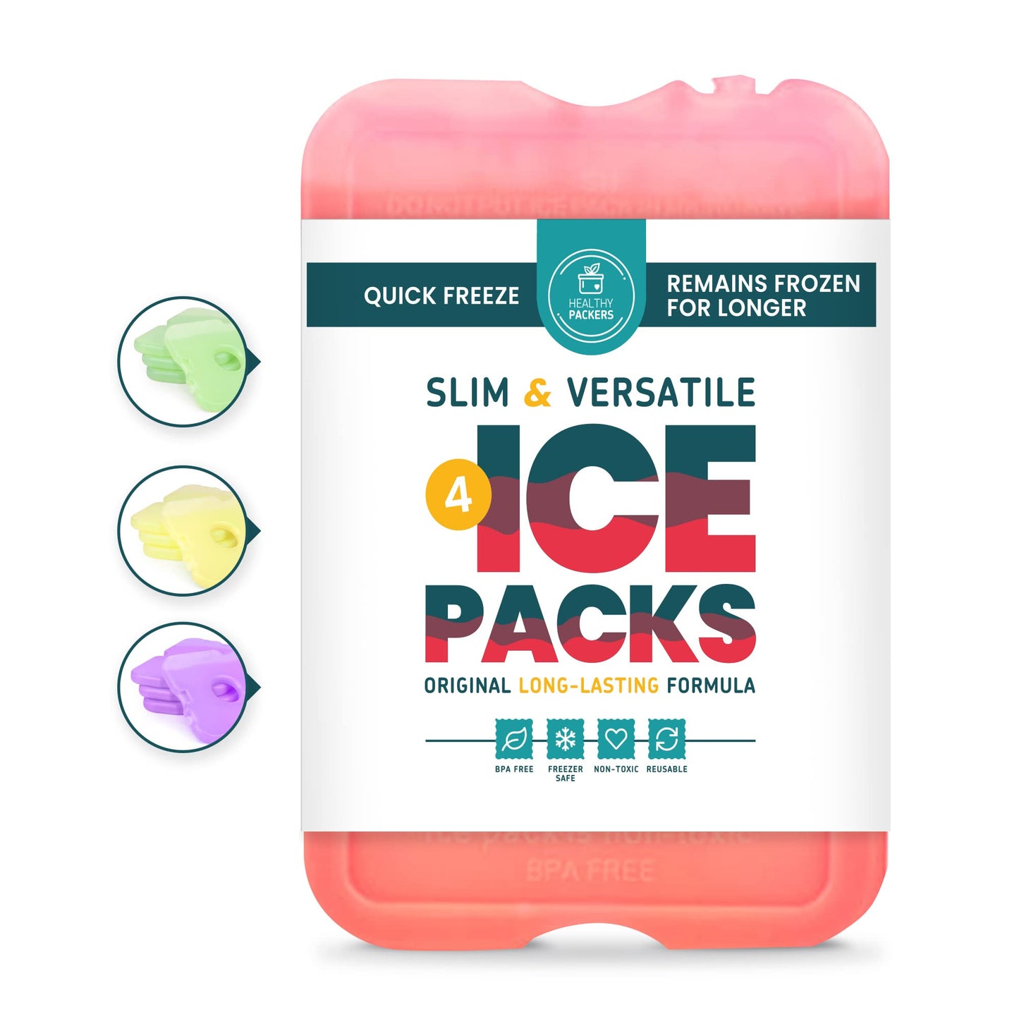 Healthy Packers Reusable Ice Packs for Lunch Bags and Coolers (Set of 4) - Slim & Long Lasting Freezer Packs for Lunch Box - Ideal Cool Pack for Lunchbox, Cooler, Cooler Bag (Red)