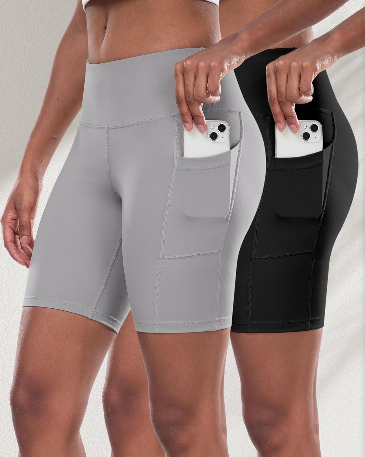 2 Packs Biker Shorts with Pockets for Women, Tummy Control High Waist Spandex Shorts 8" (2BlackDGrayLGray, XL)