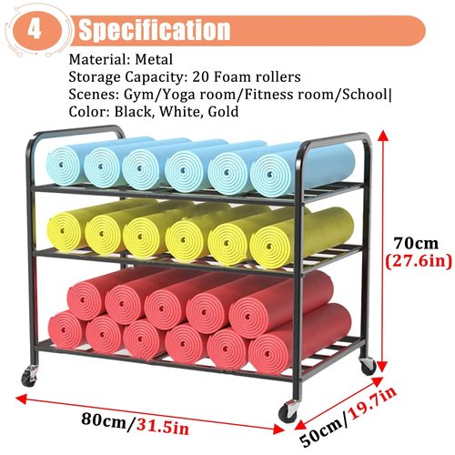 Storage Holder Home Gym Large Yoga Mat Storage Cart Rack with Wheels, 3 - Layers Metal Workout Organizer for Yoga Mat Display & Home Exericse Display Stand(Black)