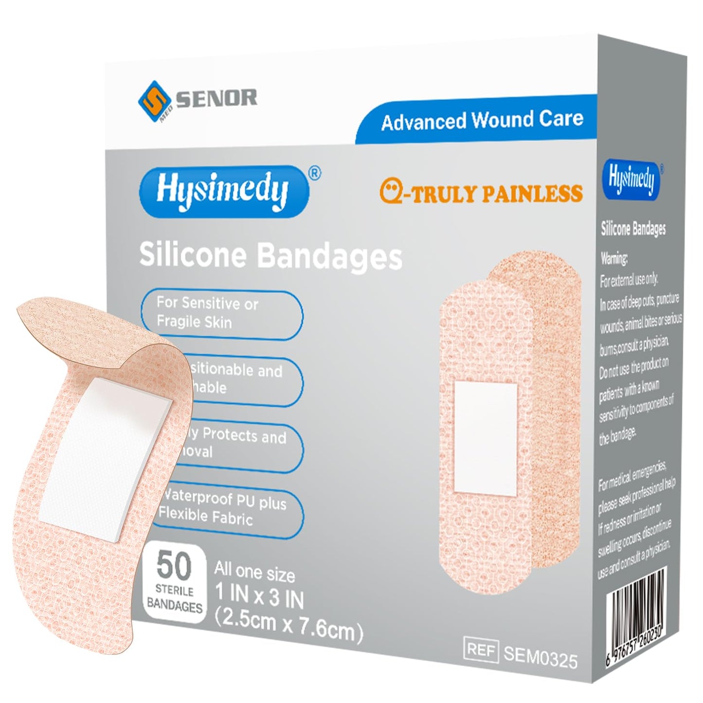 Hysimedy Silicone Bandages for Sensitive Fragile Skin 1"x3" 50 Count Flexible Fabric Latex Free Hypoallergenic Breathable Small Bandages for Wounds Easy Painless Removal for Geriatric and Children