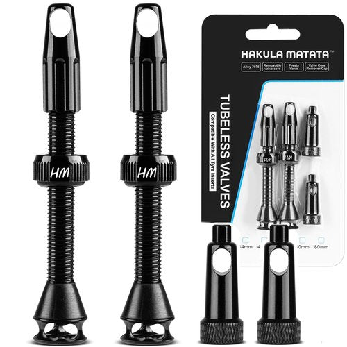 HAKULA MATATA Tubeless Presta Valve Stem 48 mm, Super Light Alloy Tubeless Tire Valve Stems with Caps Integrated Core Removal Tool, Fits Most MTB Mountain Bikes Rims, Pair, Black