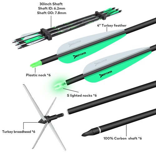 DEEPOWER 30" Hunting Carbon Arrows with 6 Pack 125gr Turkey Hunting Broadheads & Lighted Nocks for Compound Bow and Recurve Bow 350 Spine