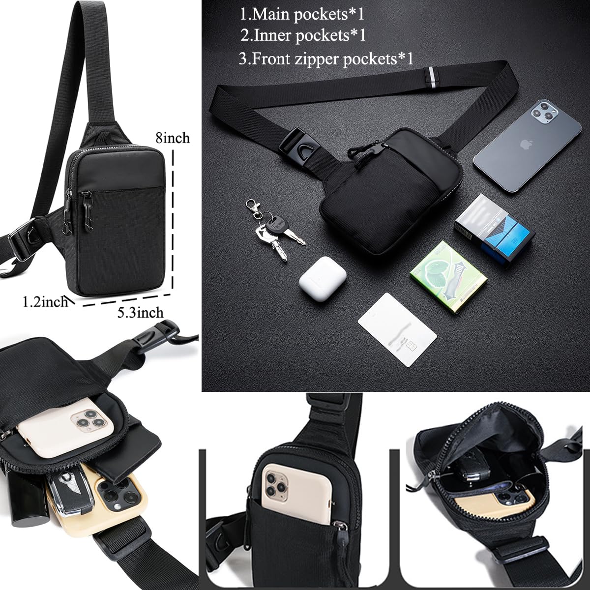Vpoofree Mini Anti Theft Sling Bag for Men and Women, Small Crossbody Sling Backpack Fanny Pack Chest Bag for Travel Sport Running Hiking