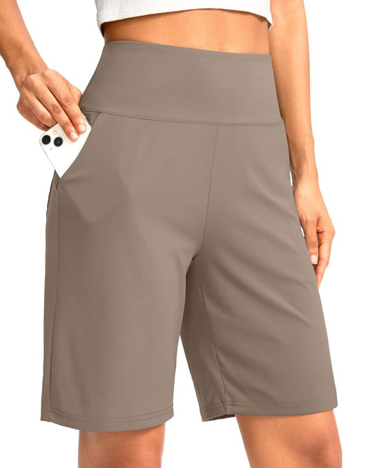 G Gradual Women's Bermuda Long Shorts with Pockets 9" High Waisted Knee Length Shorts for Women Walking Athletic Workout(Taupe,L)