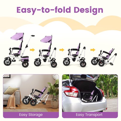 HONEY JOY Tricycle, 5-in-1 Folding Baby Trike Stroller w/Adjustable Handle & Canopy, Reversible Seat, Safety Belt, Folding Pedal, Bell, Storage, Push Tricycle for Toddlers 1-5 Years Old (Purple)