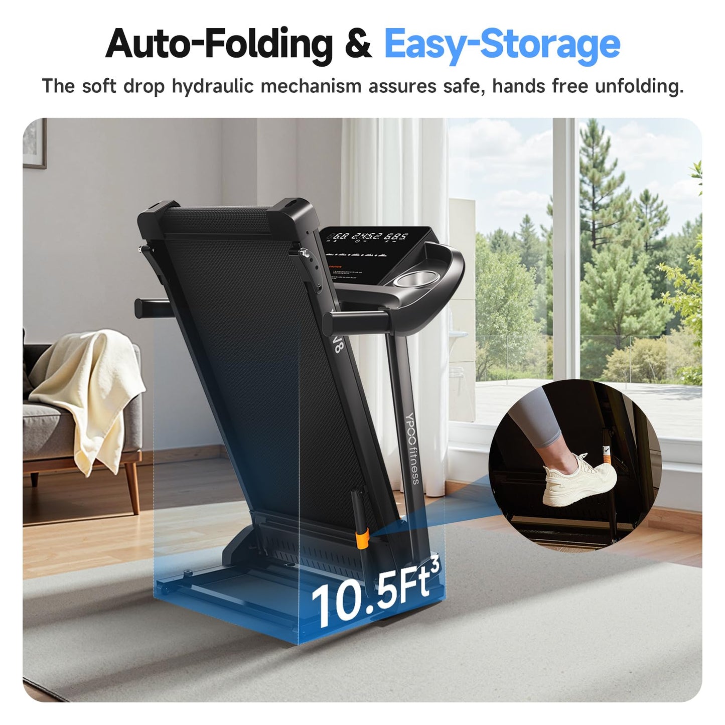 YPOO Treadmills for Home with Incline, Auto Foldable Running Treadmills, 8.0 MPH Walking Pad Treadmill with Bluetooth, 300 lbs Weight Capacity Quiet