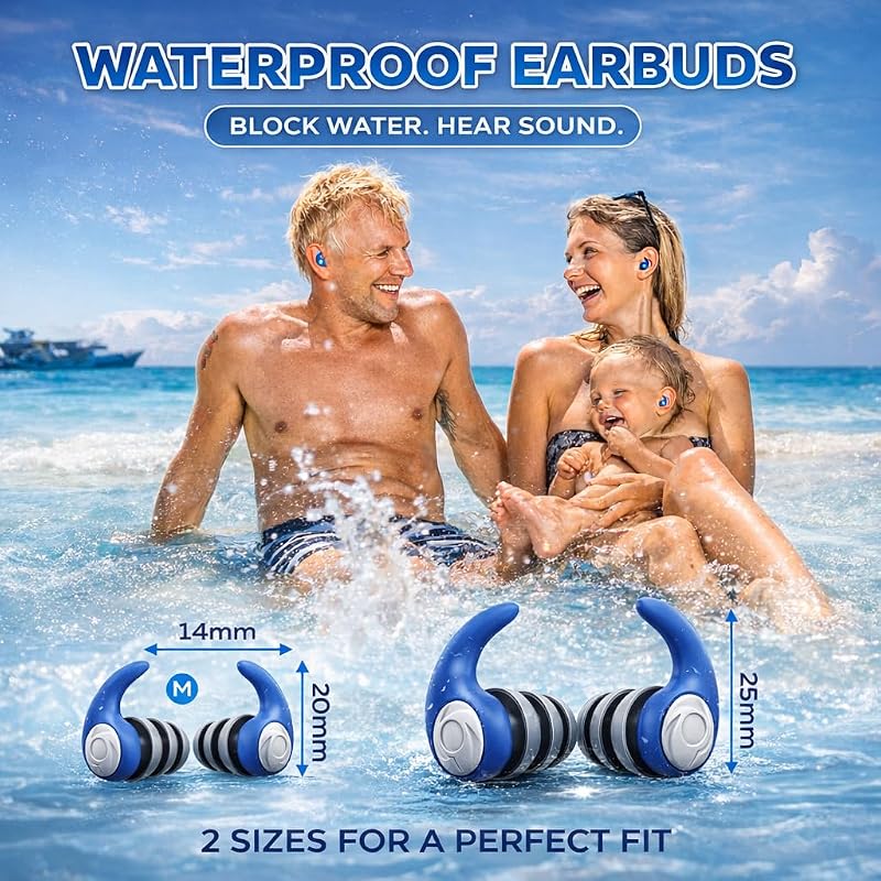 Waterproof Ear Plugs for Adults and Kids - 3 Pairs, Soft Silicone, Left/Right Indicator, Carry Case - Black, Gray, Blue