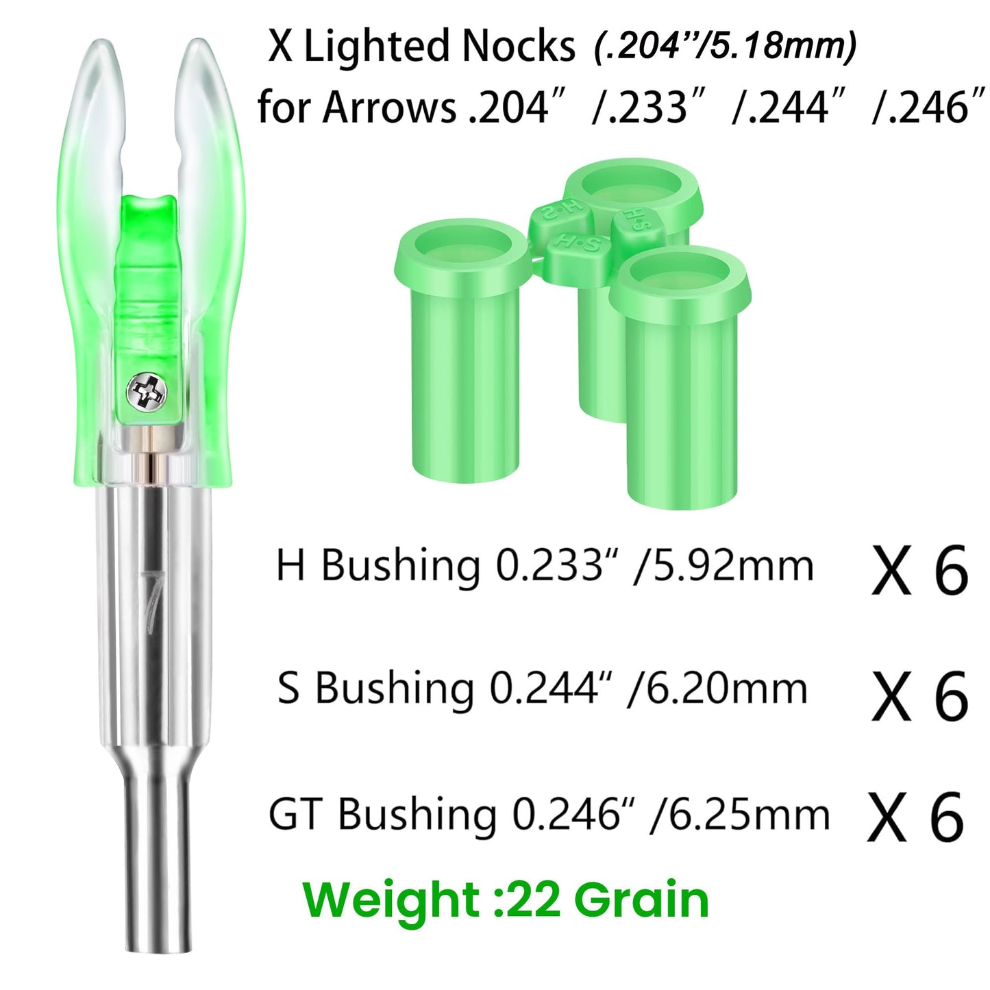 ACDSHOT 6PCS X Lighted Nocks for Arrows with .204 .233 .244 .246 Inside Diameter with H, S, GT Bushings LED Light up Knocks