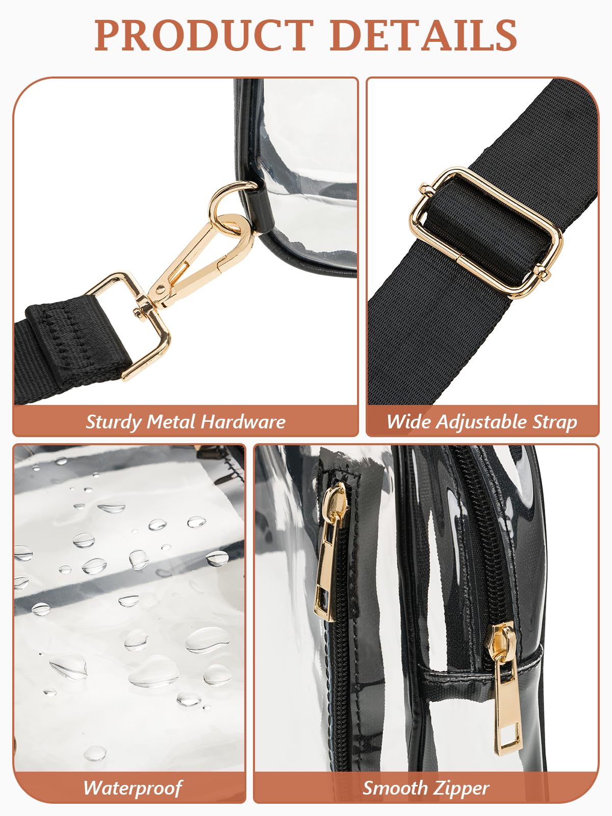 QOECI Clear Bag for Stadium Events 12 x6 x12, Clear Crossbody Bags For Women Men With 2 Extra-Long Staps, Transparent Purses Backpack Sling Belt Fanny Pack Stadium Approved For Concert Sport, Black