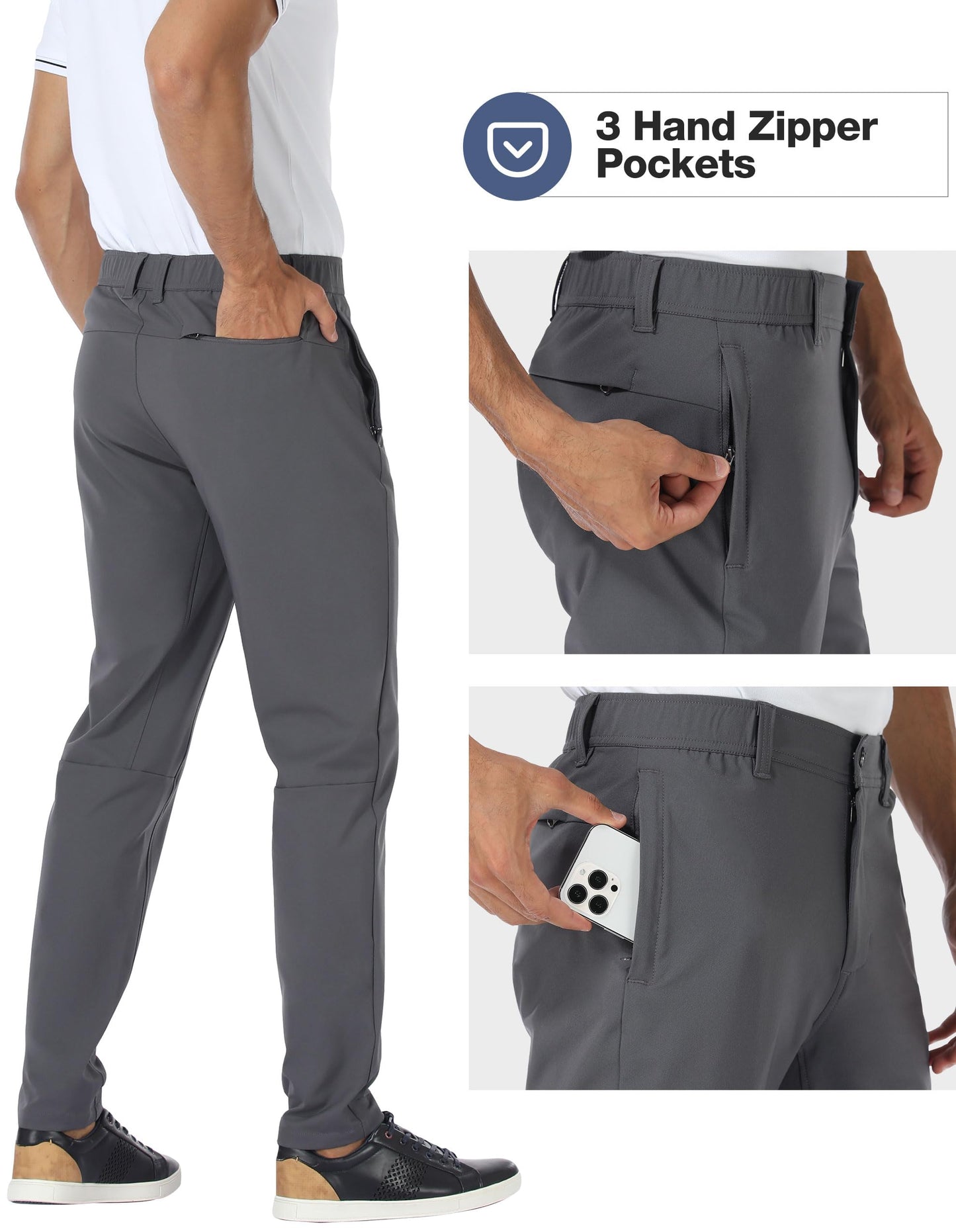 PULI Mens Golf Pants Stretch Dress Slim Fit Pants Waterproof Comfy Casual Work Tapered Pants with Pockets Grey,34Wx32L