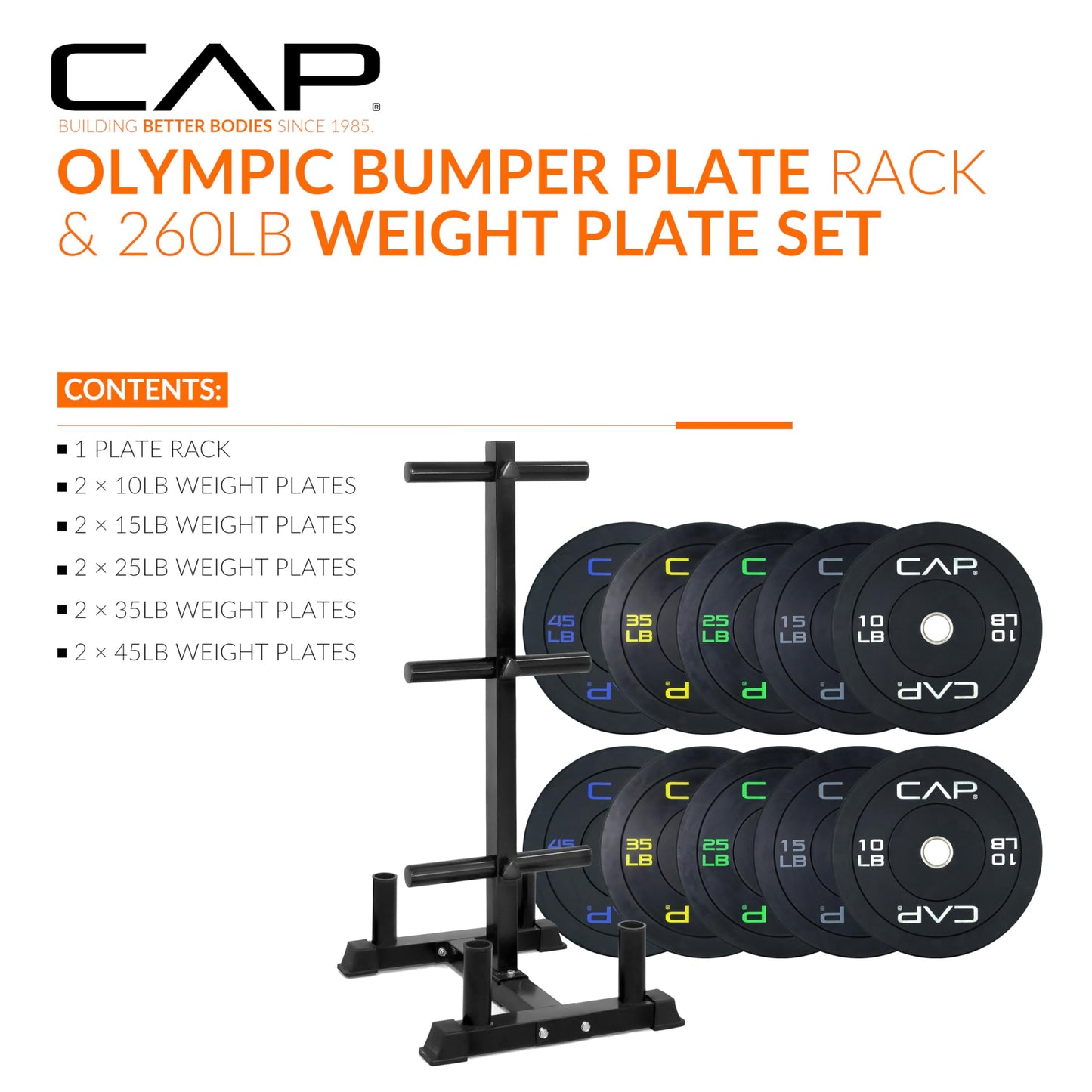 CAP 260 lb Economy Olympic Bumper Plate Set with Storage Rack, 2-Inch Olympic Plates, Medium Bounce Rubber Weight Plates with Steel Hub, 6 Weight Posts & 4 Barbell Holders for Weightlifting, Strength Training & Home Gym Workouts
