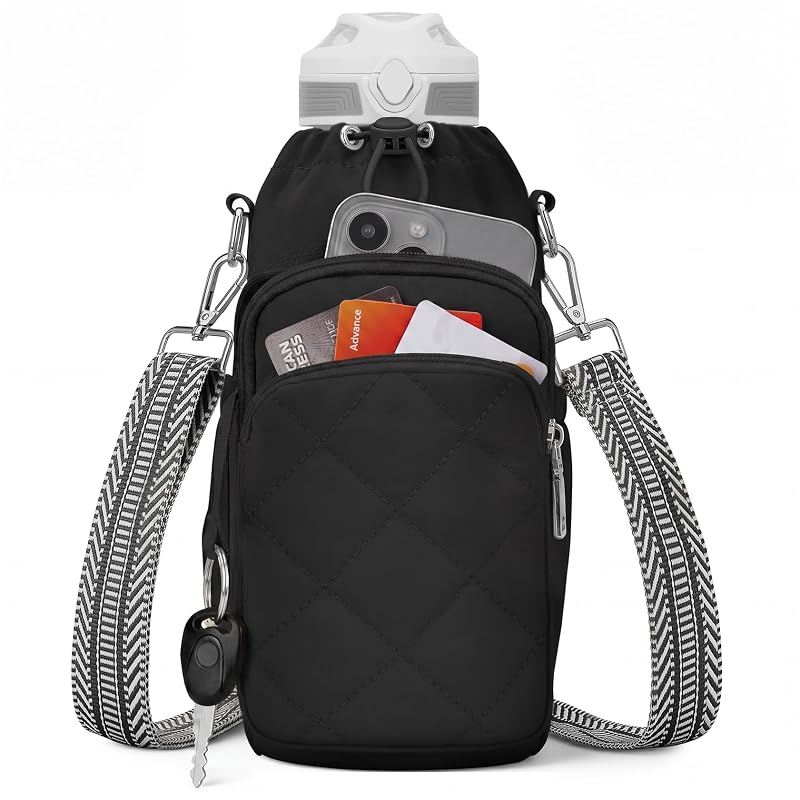 Black Insulated Water Bottle Bag Crossbody with Phone & RFID Pockets