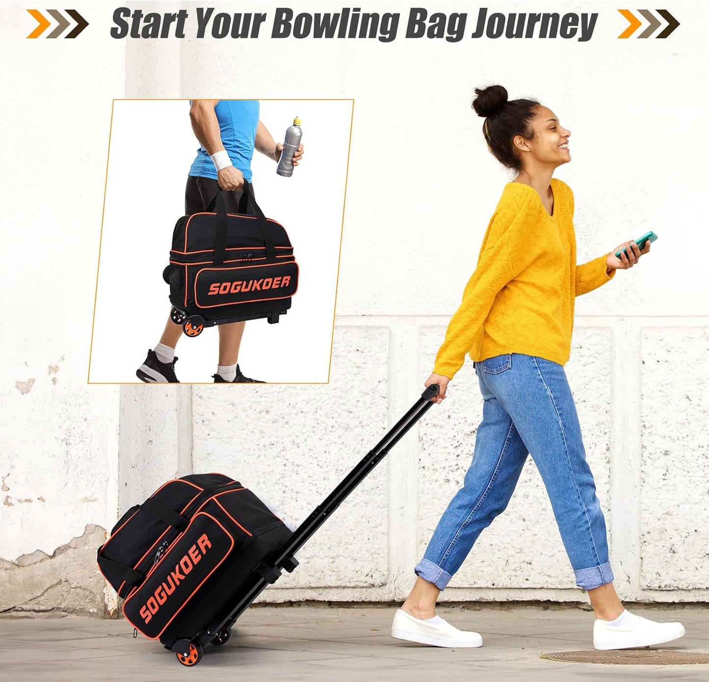 2 Bowling ball Bag with Wheels, Lightweight Trolley Double Ball Bowling bag with Large Separate Shoe Compartment and Oversized Accessory Pocket, Retractable Handle Extends To 39.5"