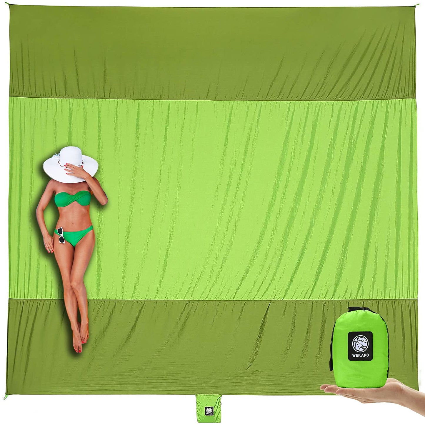 WEKAPO Beach Blanket - Sandproof Waterproof Extra Large Beach Mat | Oversized Sand-Free Lightweight Quick-Drying | Beach Vacation Essentials with Stakes & Corner Pockets (Green, 9x7 FT)