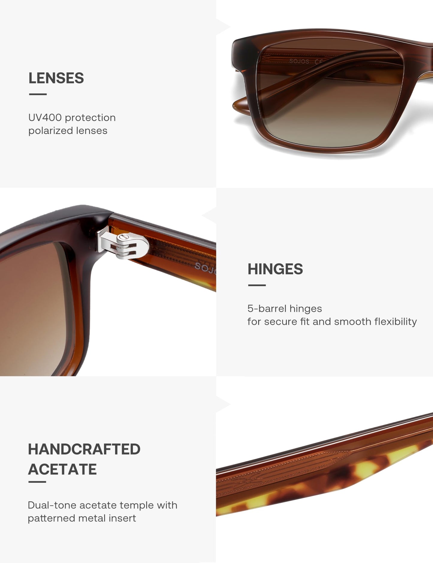 SOJOS Rectangle Polarized Sunglasses for Men Women Classic Acetate Frame UV Protective Wide Vision Shades SJ3115, Brown/Brown