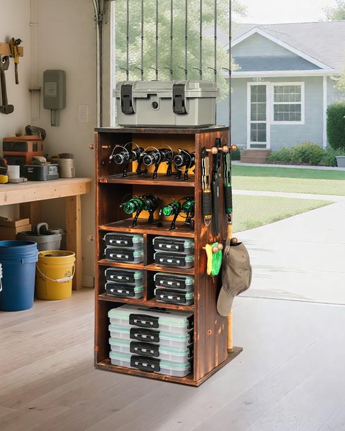 Ghosthorn Fishing Rod Holders for Garage Storage up to 10 Rods or Combos Fishing Pole Holders 360° Rotating Rod Rack Fishing Gear Equipment Tackle Organizer Wood Floor Stand for Men Women
