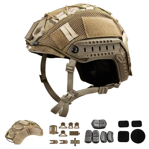 Tactical Airsoft Paintball Fast Helmet with Helmet Cover, PJ Type Tactical Multifunctional Protective NVG Mount for Military Sports Hunting Shooting (Tan(M))