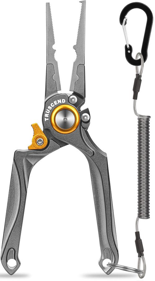 TRUSCEND Lockable Handy Fishing Pliers with Innovative Ergonomical Handle, Corrosion Saltwater Resistant Teflon Coated Fishing Tool, Multi-Function Fishing Gear with Mo-V Cutter, Fishing Gifts for Men