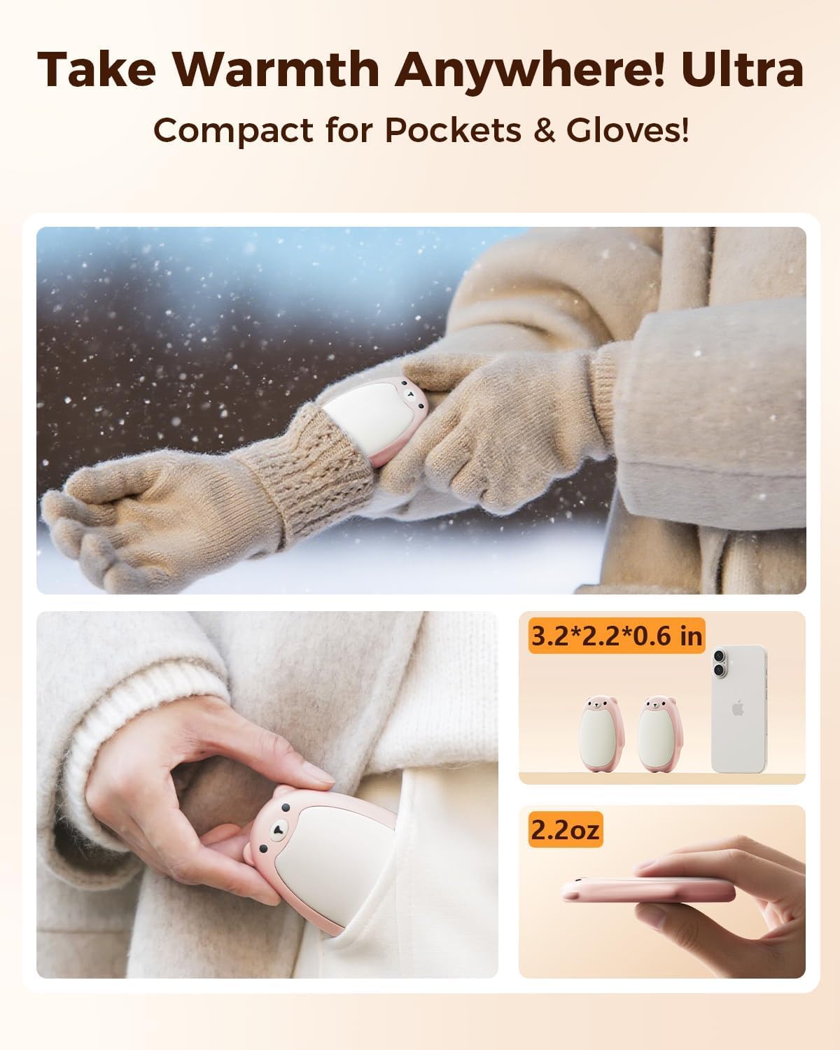 SWEETFULL Hand Warmers Rechargeable – Cute Bear, 2 Pack Magnetic, Reusable Electric Pocket Heater, Great Gift for Daughter, Kids, Wife, or Bestie, Portable for Outdoor & Camping (Pink)