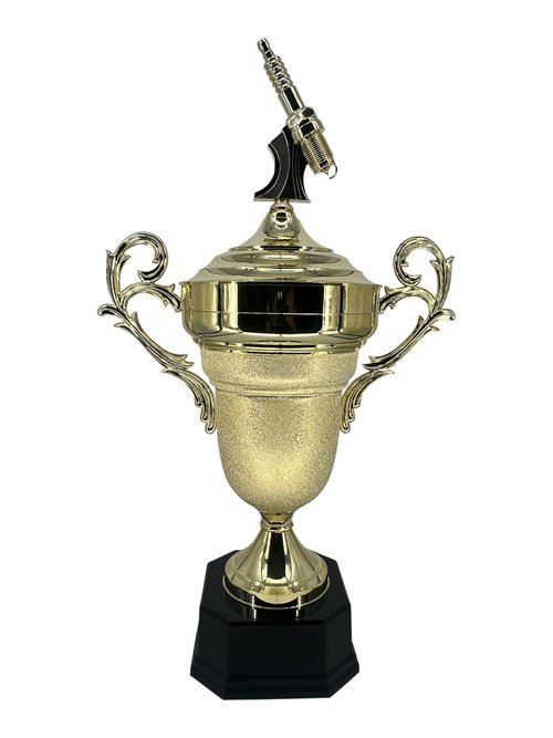 Express Medals Premium Giant 39 Inch Tall 22 Inch Wide Spark Plug Trophy with Figure, Gold Champion Cup with Handles, Black Base and Attached Plate with Your Custom Text. Trophy Weighs 8 Pounds.