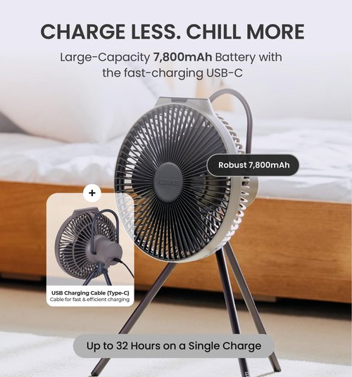 Claymore V600+ Rechargeable Camping Fan(Warm Grey) – 7,800 mAh Battery Operated Portable Fan for Indoor & Outdoor Use, 4-Speed Quiet Air Circulator, USB‑C Charging, Timer, Carry Pouch Included