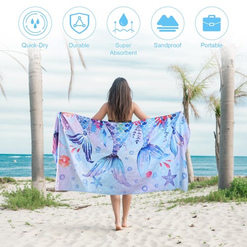 MelonBoat Mermaid Microfiber Beach Towel: 71"x35" Large Girls Beach Towel for Travel, Sand Free Super Absorbent Quick Dry, Lightweight Compact for Trip Vacation Beach Bath Camping Pool Swim, 1 Pcs
