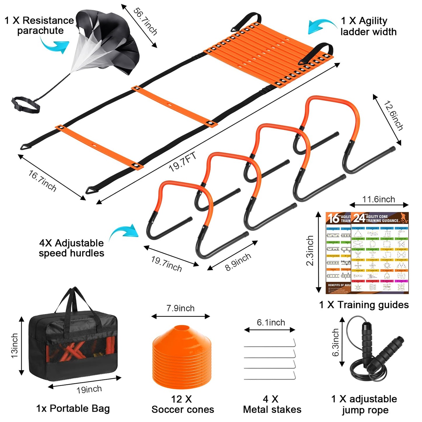 Agility Speed Training Equipment Set - 20ft Speed Ladder, 12 Cones, 4 Adjustable Hurdles, Jump Rope, Parachute, 3 Resistance Bands | Ideal for Basketball, Football, Soccer, for Kids, Youth, Adults