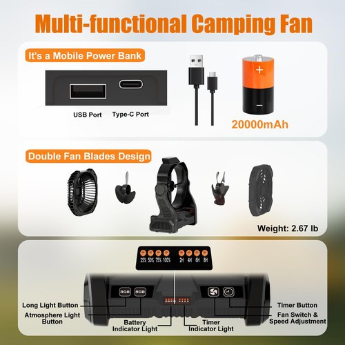 Sugoiti Portable Camping Fan 20000mAh Rechargeable Battery, 4-Speed Quiet Cooling Blower with LED Lantern, 4 Timing, Hanging Hook for Outdoor Picnic Tent Beach Fishing Black