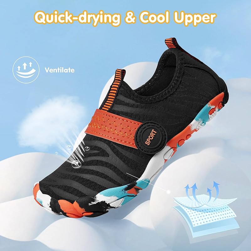 Kids Water Shoes - Quick-Dry Barefoot Style for Boys & Girls, 4-12 Years, Black-Orange Ripple (Big Kid)