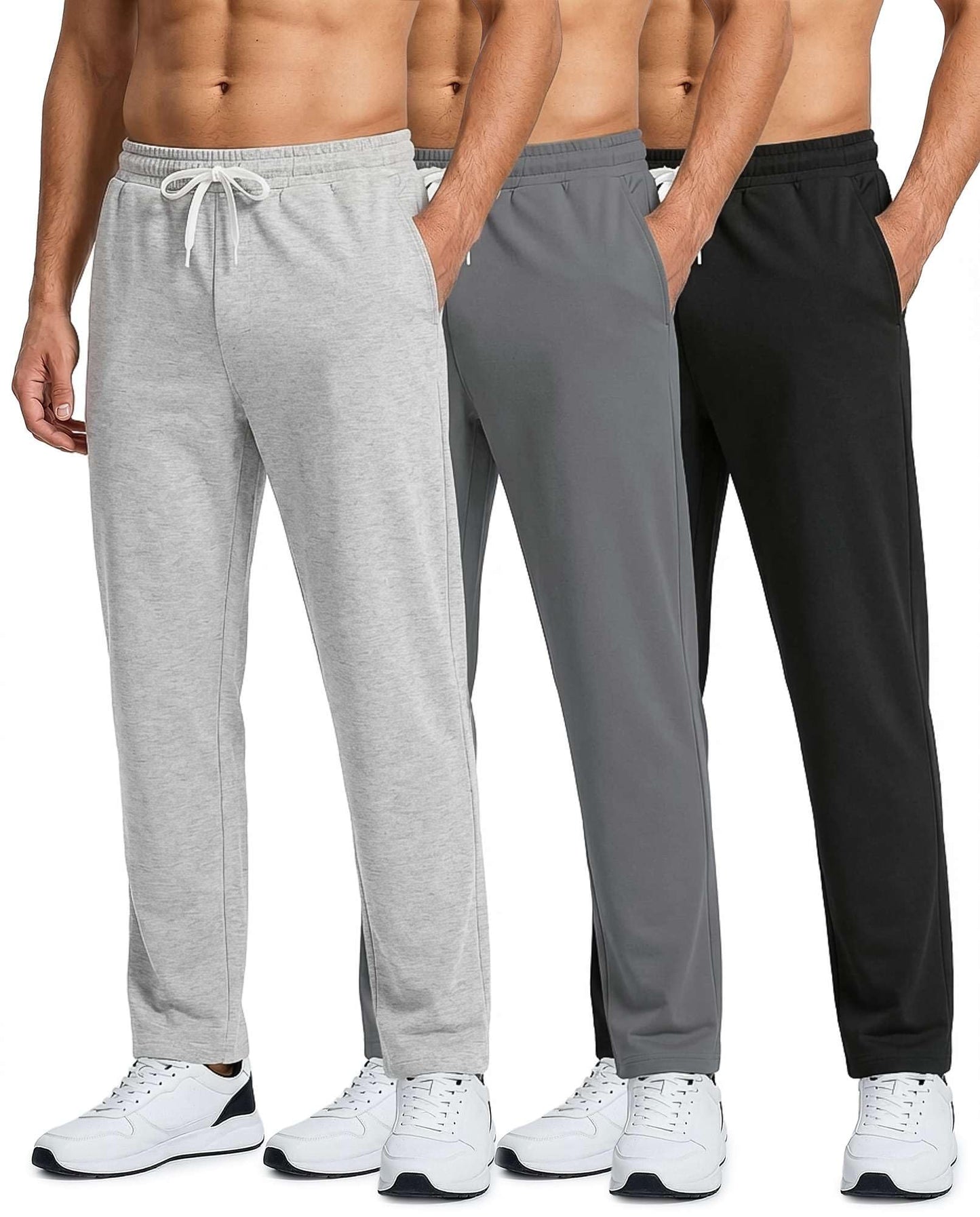 Real Essentials 3 Pack: Men's French Terry Open Bottom Sweatpants - Casual Lounge Comfort Gym with Pockets- Set 3,L