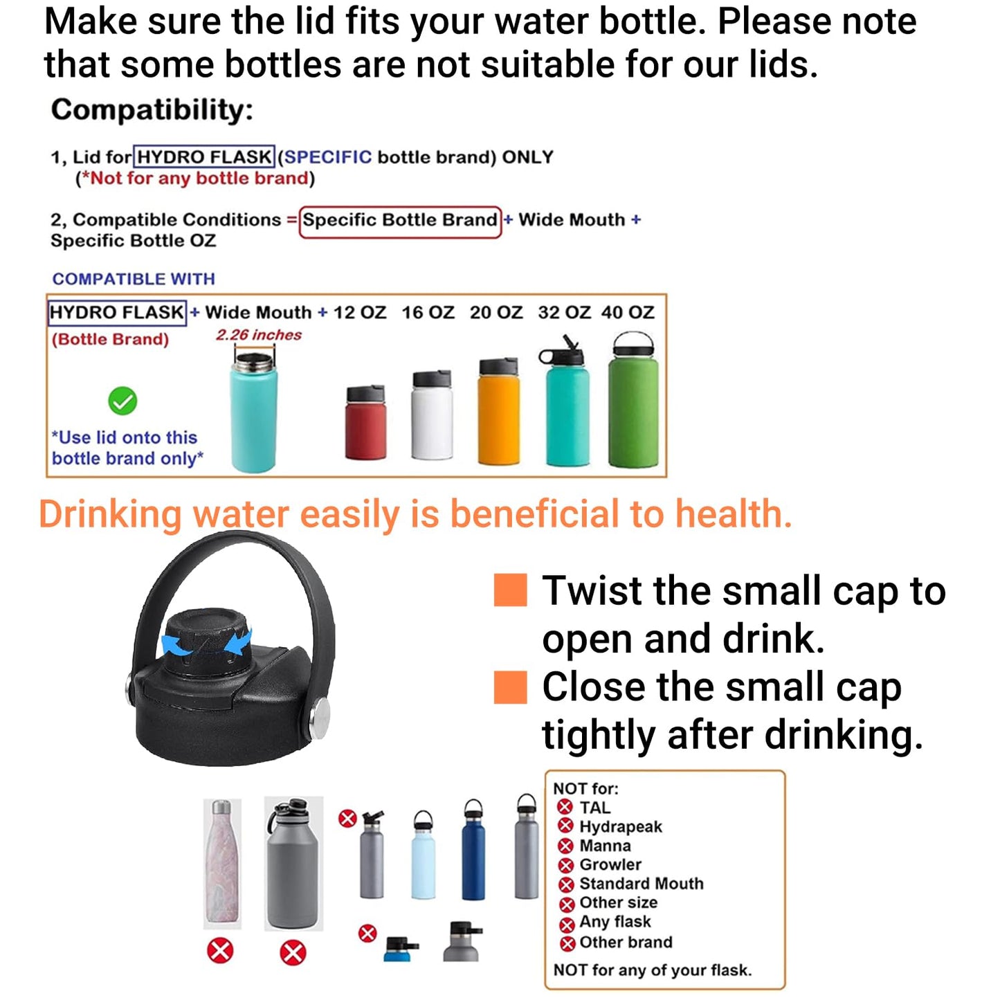 Spout lid fits Hydro Flask Wide Mouth 32 40 oz, Chug lid for HydroFlask with Flexible Handle, Replacement Lids for HydroFlask 32 40 oz Lid
