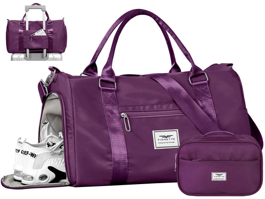 FIORETTO Womens Gym Tote Duffle Bag with Toiletry Bag, Sports Duffel Overnight Hospital Workout Carry on Bag for Girls with Wet Pocket & Shoe Compartment, Ideal for Travel, Swimming, Dance Purple