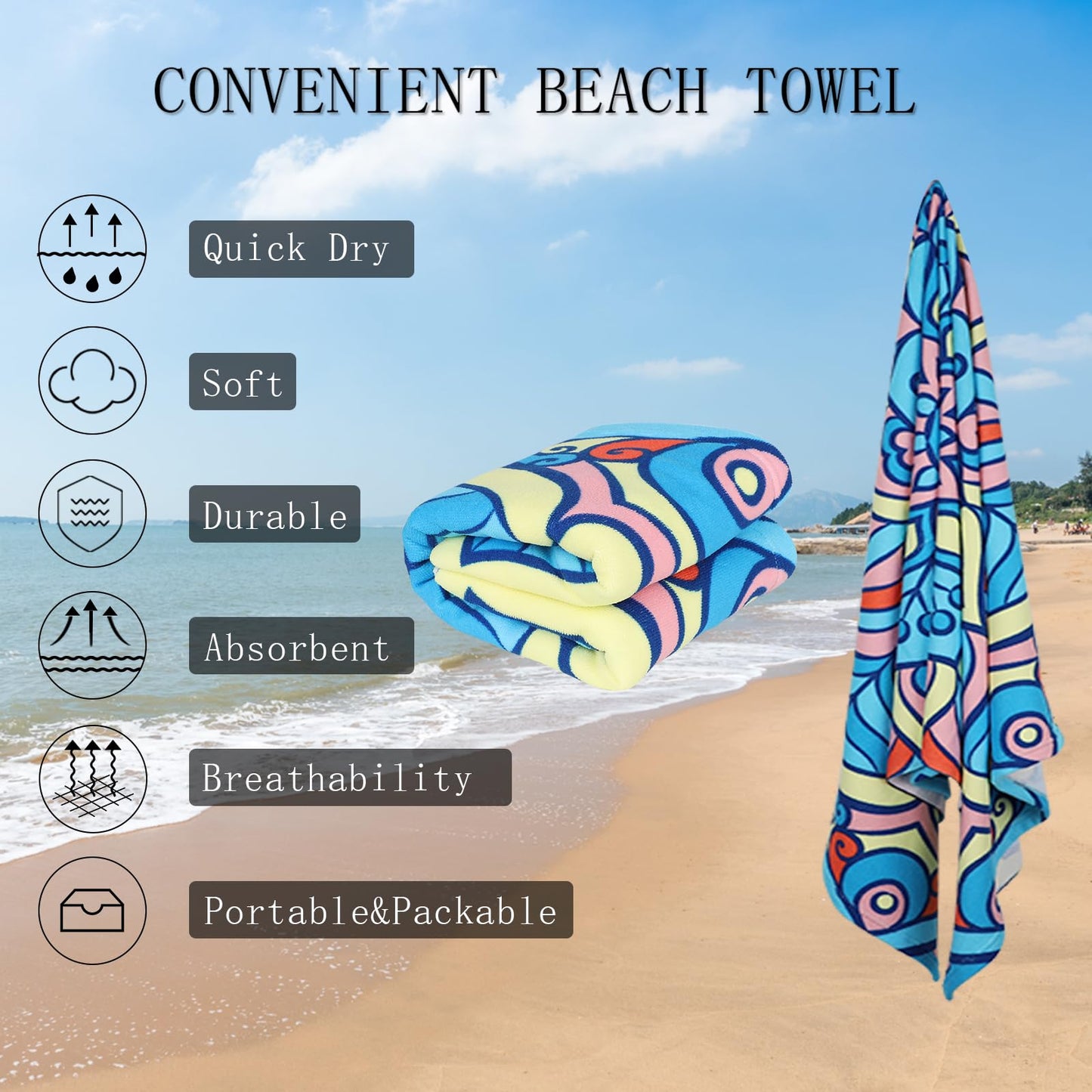 Auxory Beach Towel Microfiber 60"x30" Lightweight Sand Free Quicy Dry Blue Mandala Travel Towels Swim Pool Yoga Gym Camping for Women Men Girls Kids Beach Essentials Accessories Vacation Gift