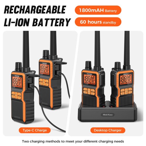 Midd Kacy MK108 Walkie Talkies,2 Way Radio Long Range,60 Channel GMRS Radio with 121 Privacy Codes,IP55 Waterproof,SOS,NOAA Weather Alerts,VOX,Dual Watch(Black/Orange,2 Pack)
