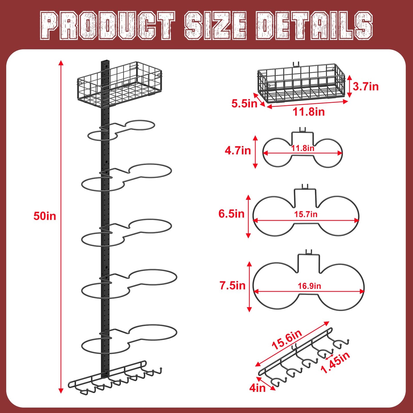 Feyejade 7 Tier Ball Holder Wall Mount:Detachable Wall Mounted Basketball Rack,10 Balls Vertical/Horizontal DIY with Hooks for Basketball Soccer Ball Volleyball Baseball Storage Display