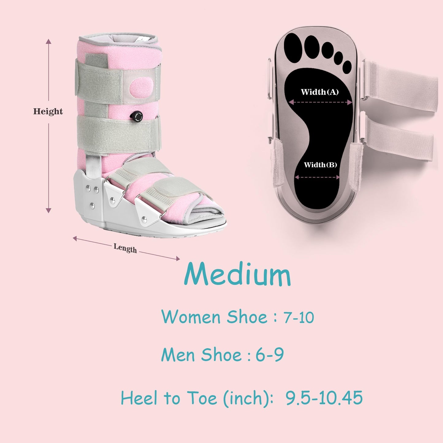 Medibot Medical Grade Fracture Boot - Adjustable Walking Cast for Foot & Ankle Injuries Secure Support for Broken Foot or Severe Sprain,Women's Medium,Grey & Light Pink,Fits women's Shoe Size 7-10''